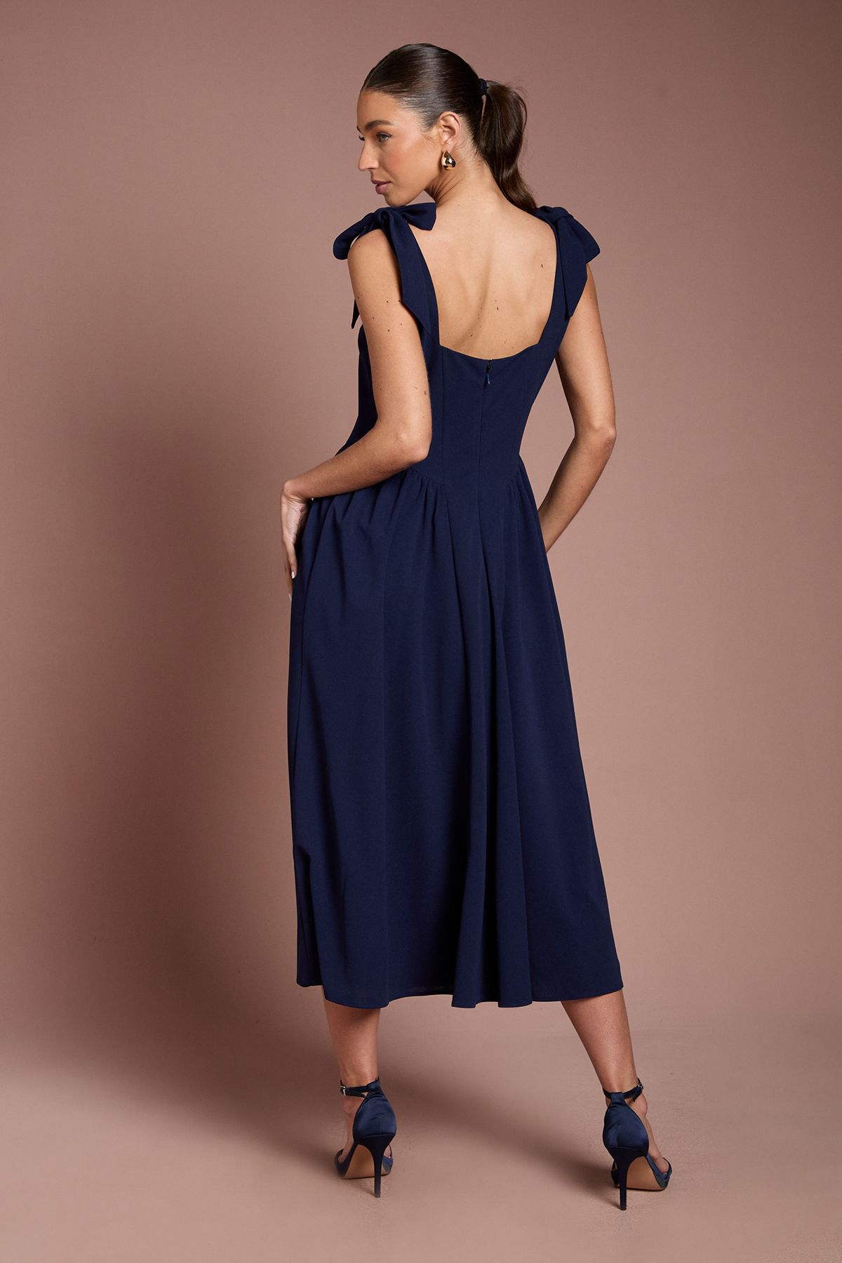 Coast Sleeveless Crepe Midi Dress With Bow Detail Straps Navy image 3