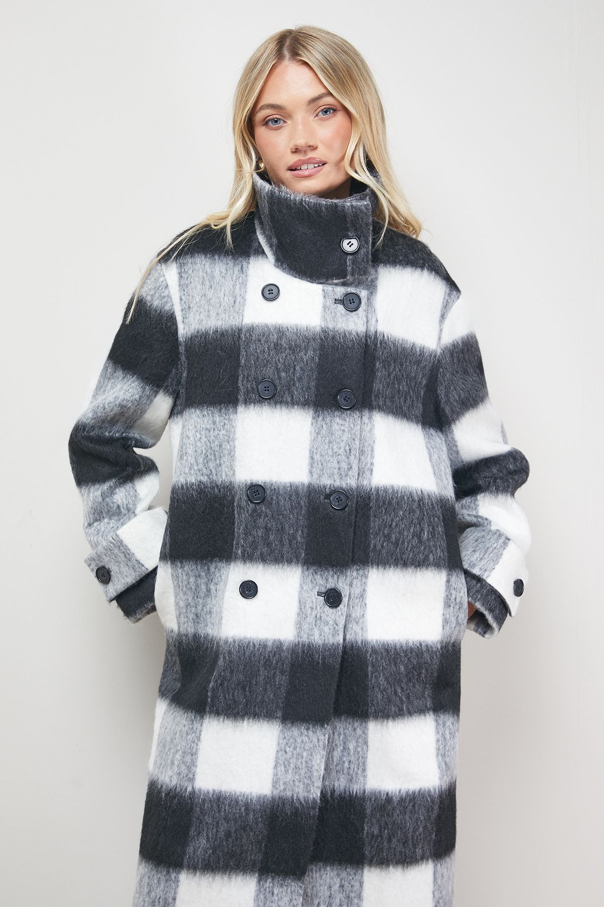 Oasis Brushed Check Funnel Neck Coat Black image 2