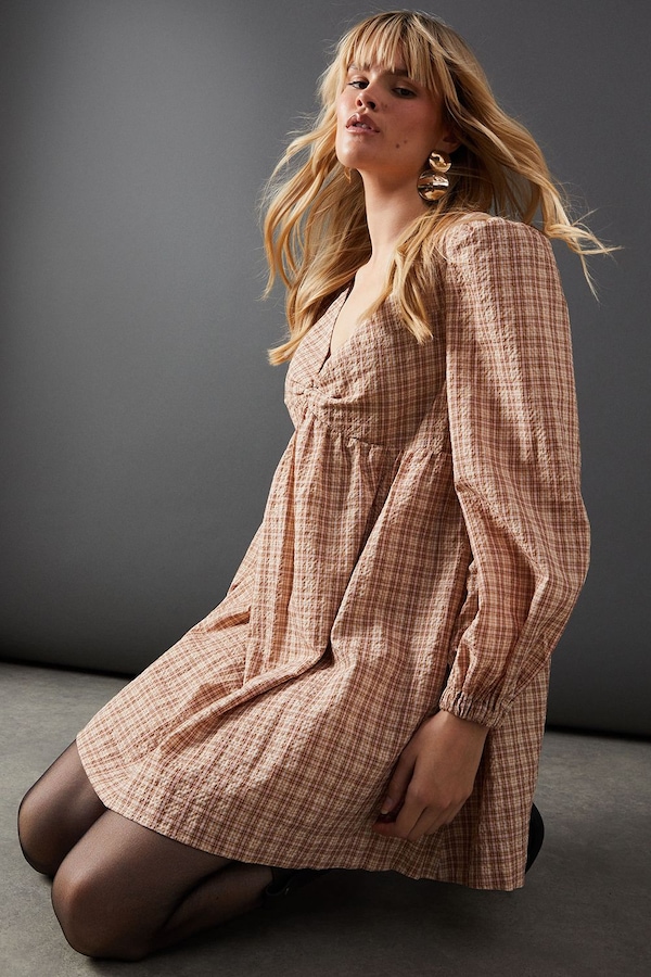 Warehouse Check V Neck Volume Sleeve Mini Dress Orange