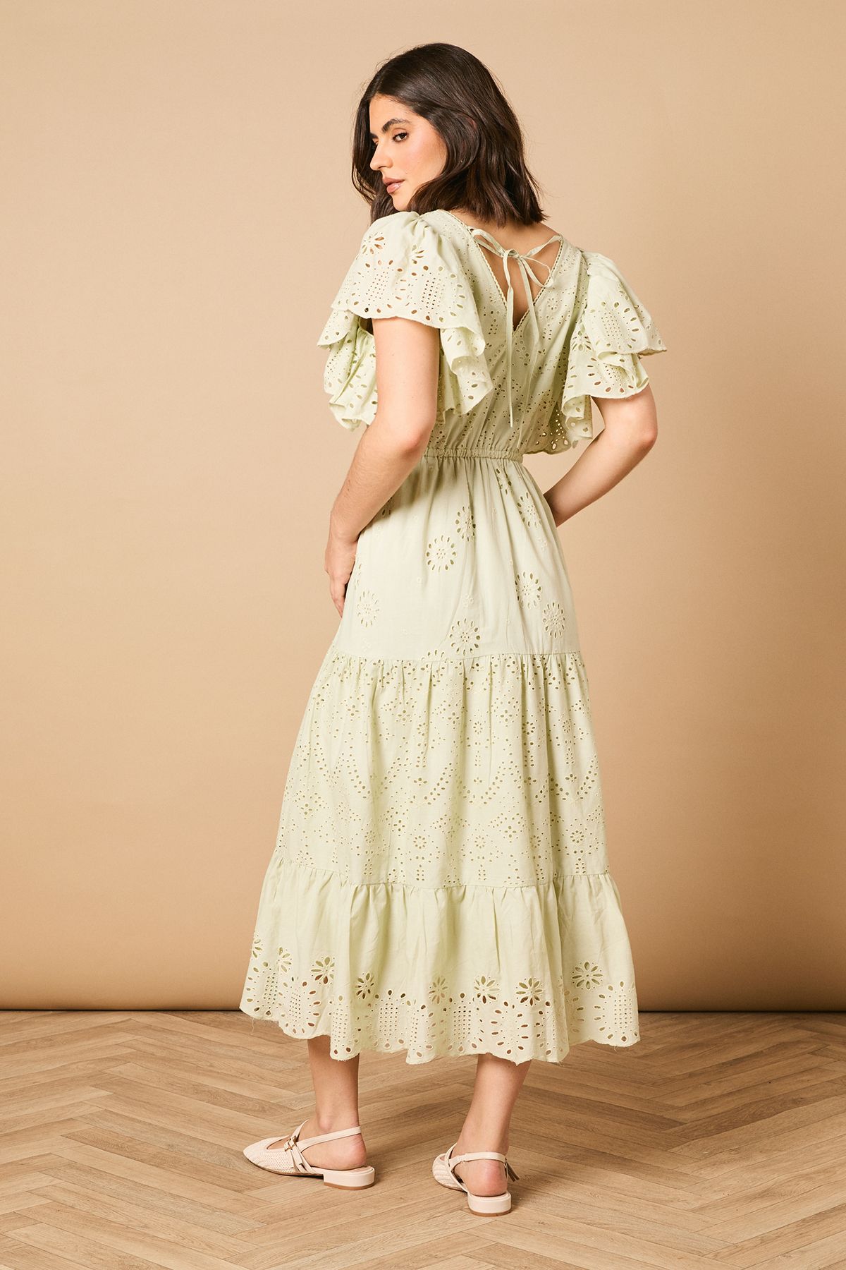 Oasis Broderie V Neck Angel Sleeve Maxi Dress Sage image 5