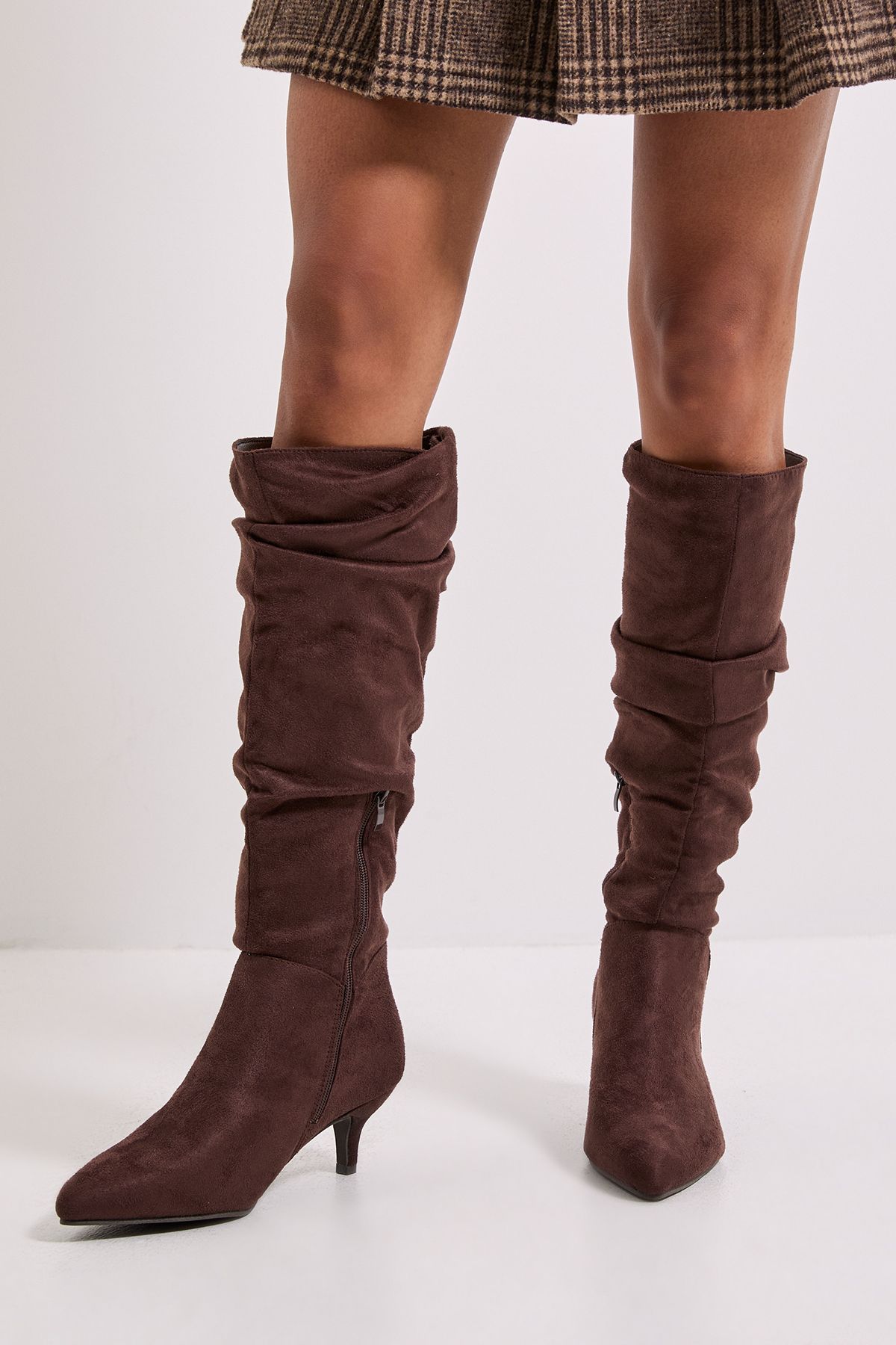 Dorothy Perkins Khloe Faux Suede Kitten Heel Knee High Ruched Boots Brown image 2