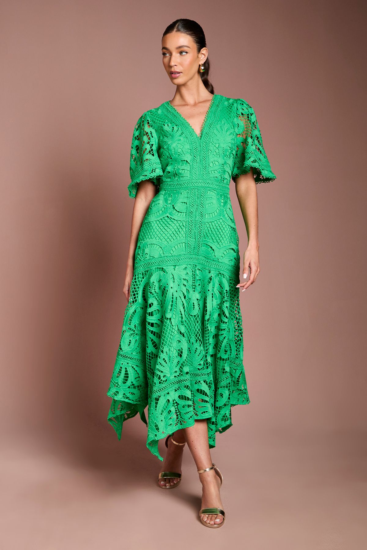 Coast Placement Lace Hanky Hem Dress Green
