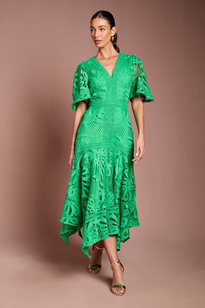 Coast Placement Lace Hanky Hem Dress Green