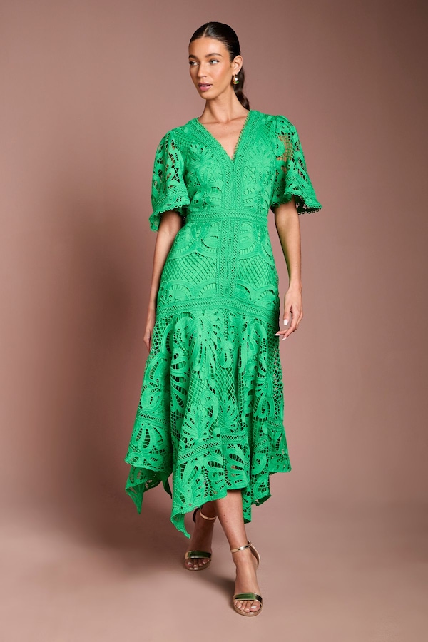 Coast Placement Lace Hanky Hem Dress Green