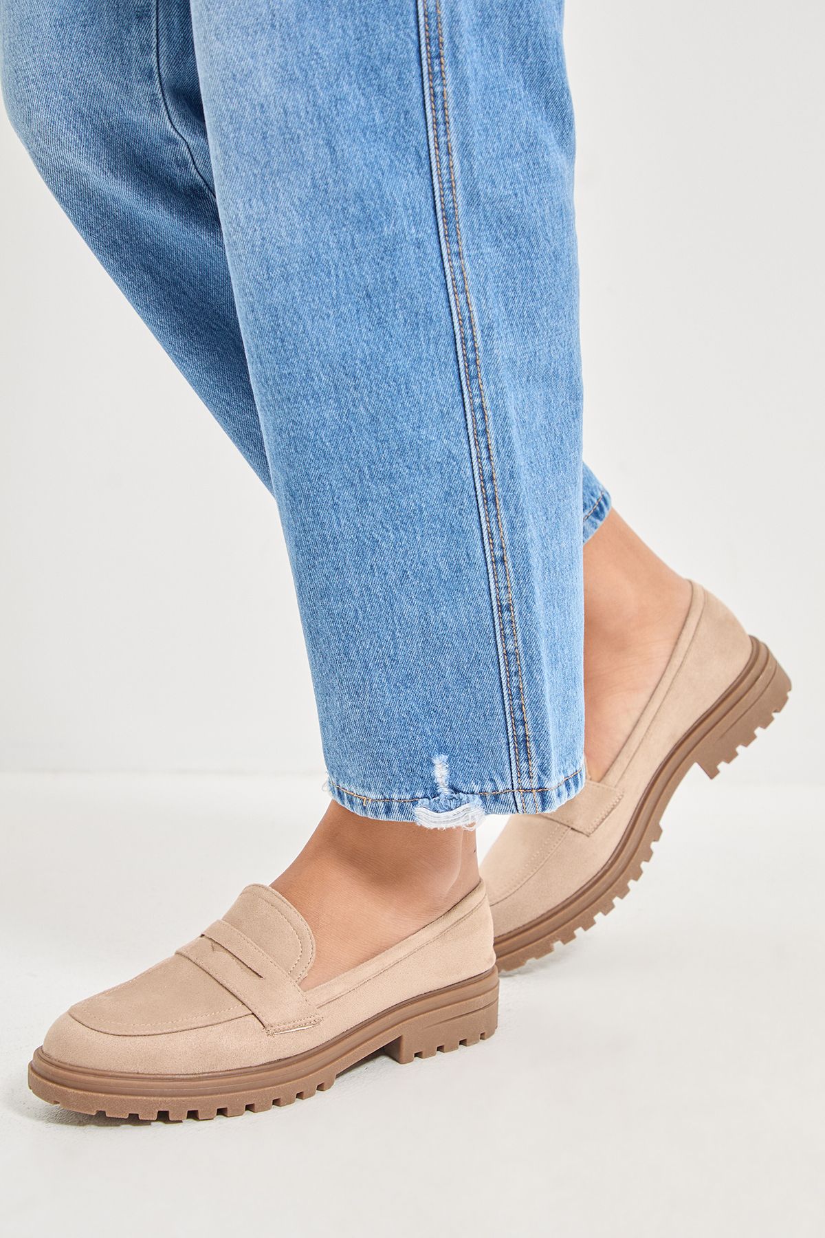 Oasis Kendra Faux Suede Chunky Penny Loafers Beige image 1