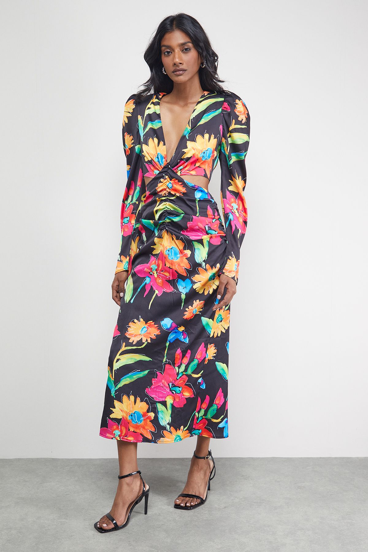 Warehouse Satin Cut Out Waist Plunge Neck Midi Dress Multi image 4