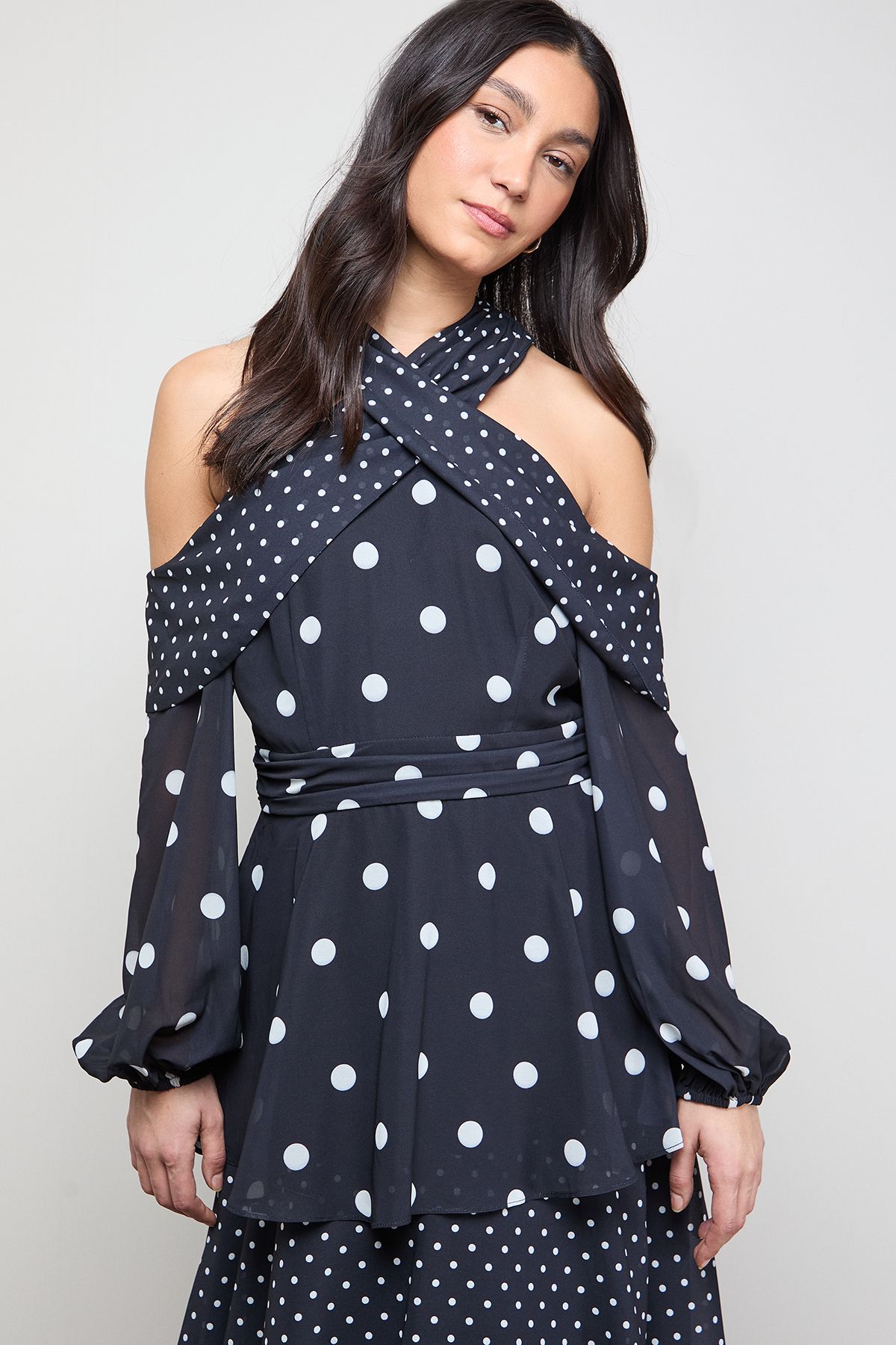 Oasis Printed Halterneck Off The Shoulder Tiered Maxi Dress Multi image 2