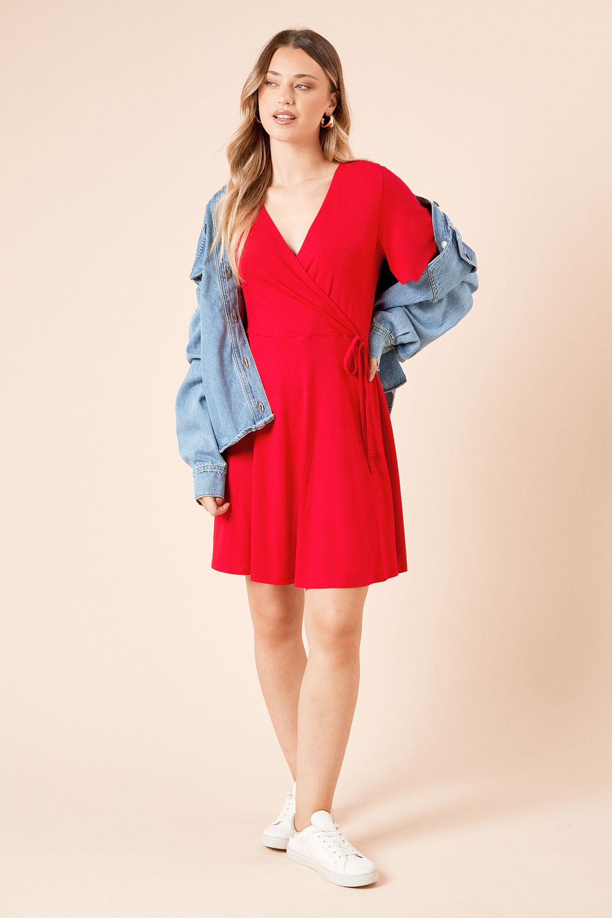 Dorothy Perkins Wrap Front Angel Sleeve Jersey Mini Dress Red image 1