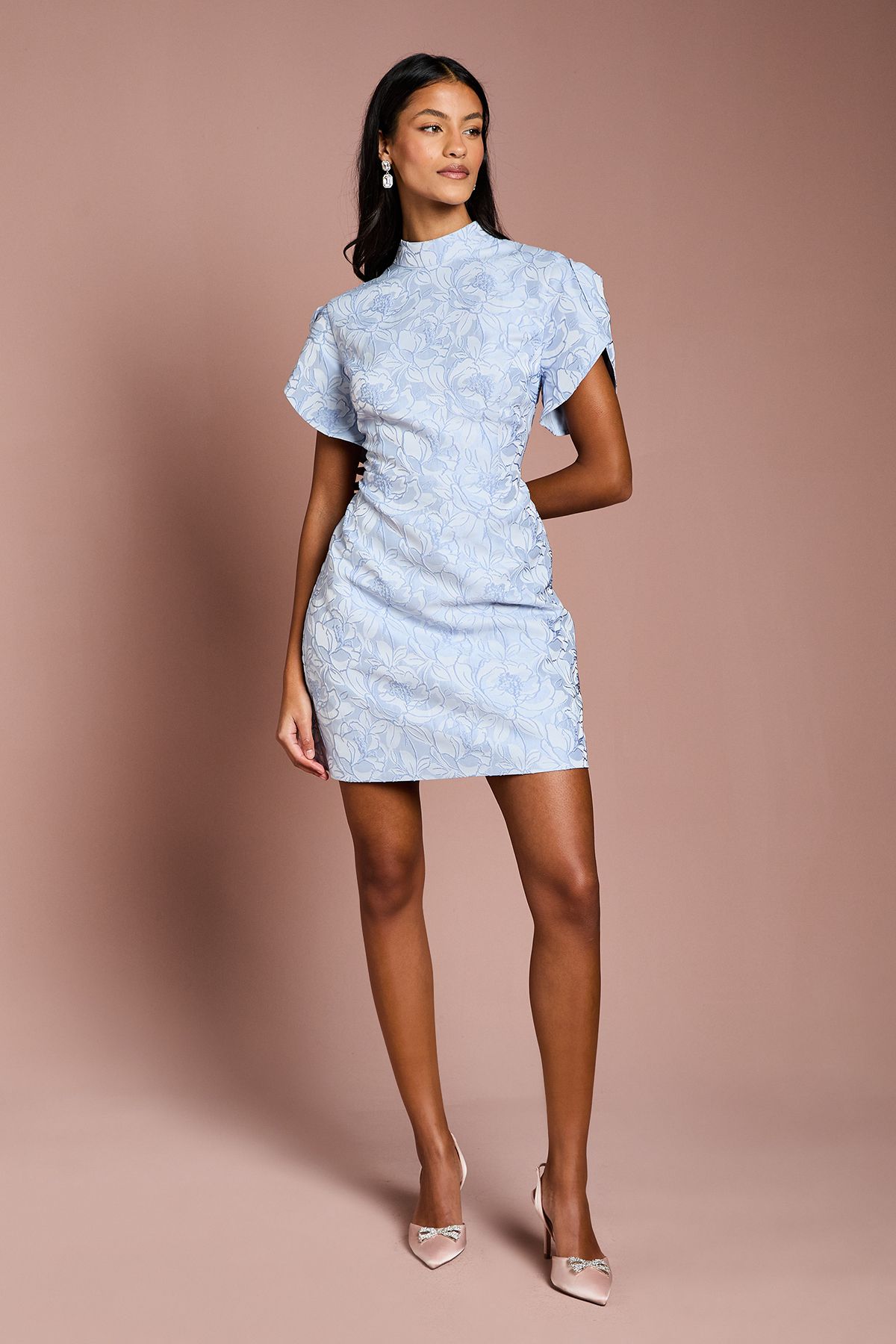 Coast Petite Puff Sleeve Jacquard Mini Dress Blue image 1