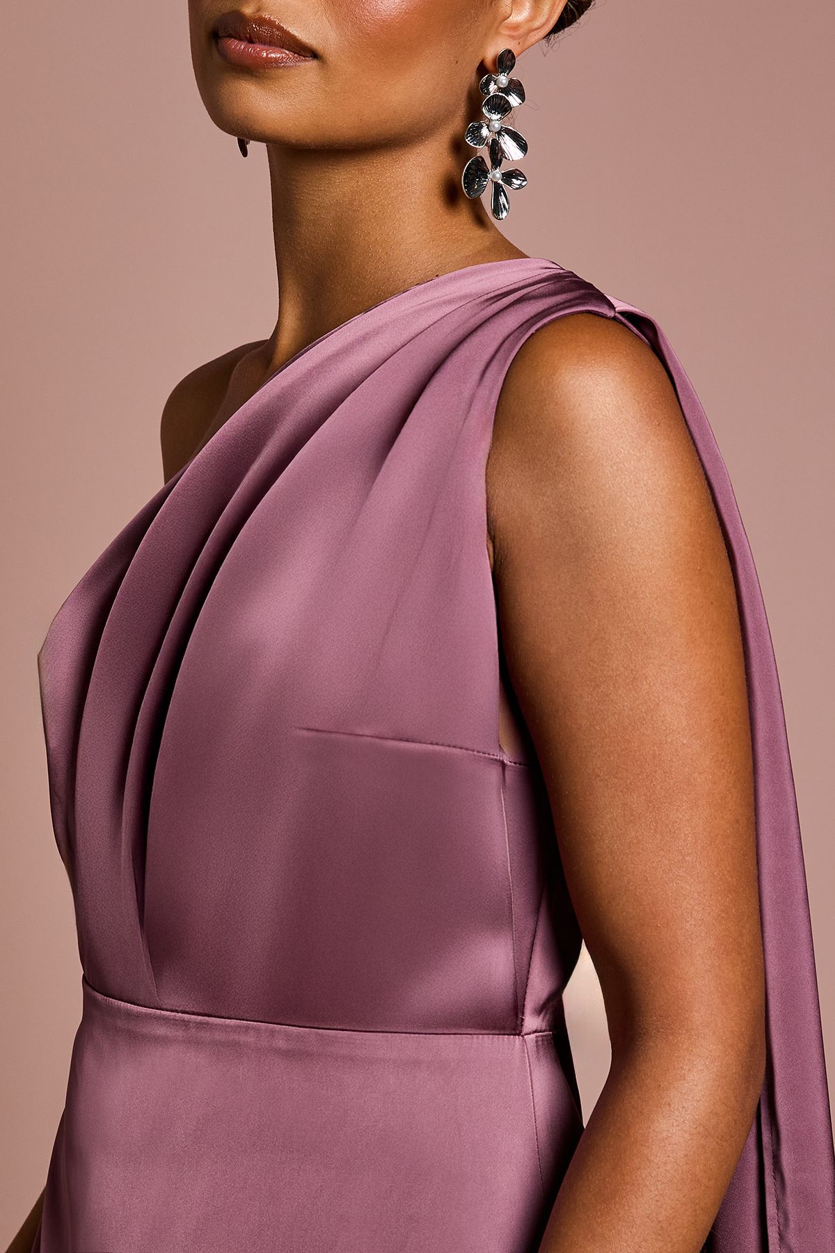 Coast Coast Honoured Petite Drape One Shoulder Satin Maxi Bridesmaid Dress Dark Mauve image 4