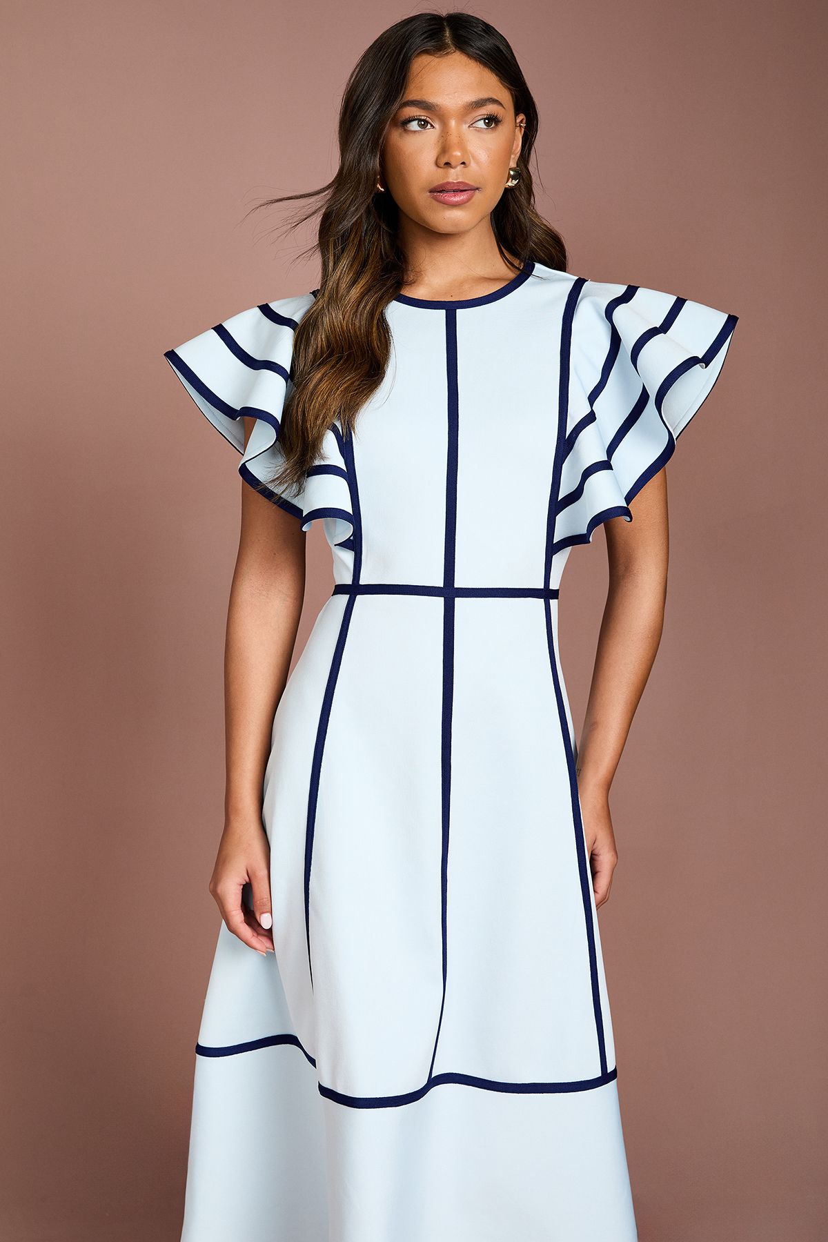 Coast Shoulder Piped Bandage Midi Dress Pale Blue image 4