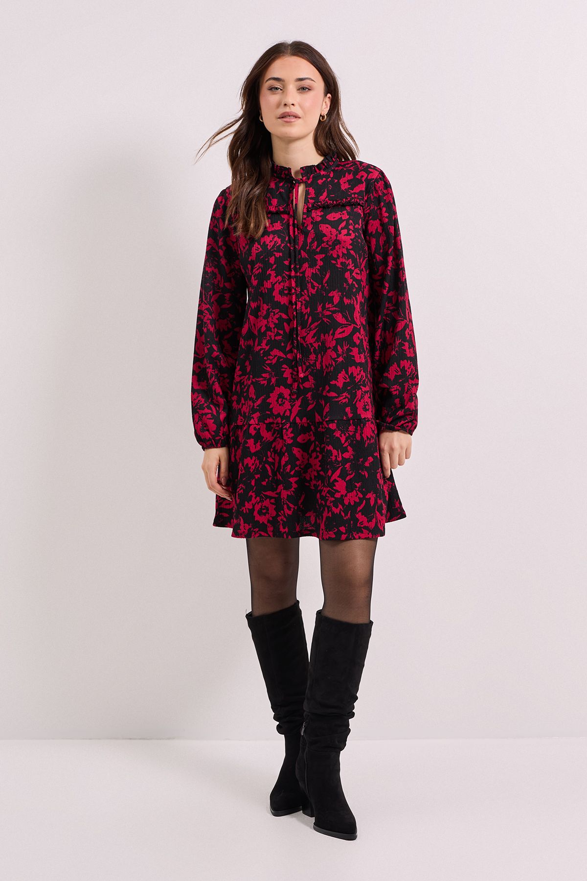 Dorothy Perkins Pink Floral Tie Neck Tiered Smock Jersey Mini Dress Pink image 1