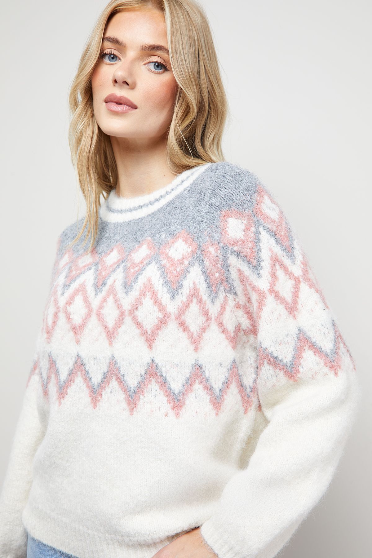 Oasis Fairisle Cosy Crew Neck Jumper Ecru image 4