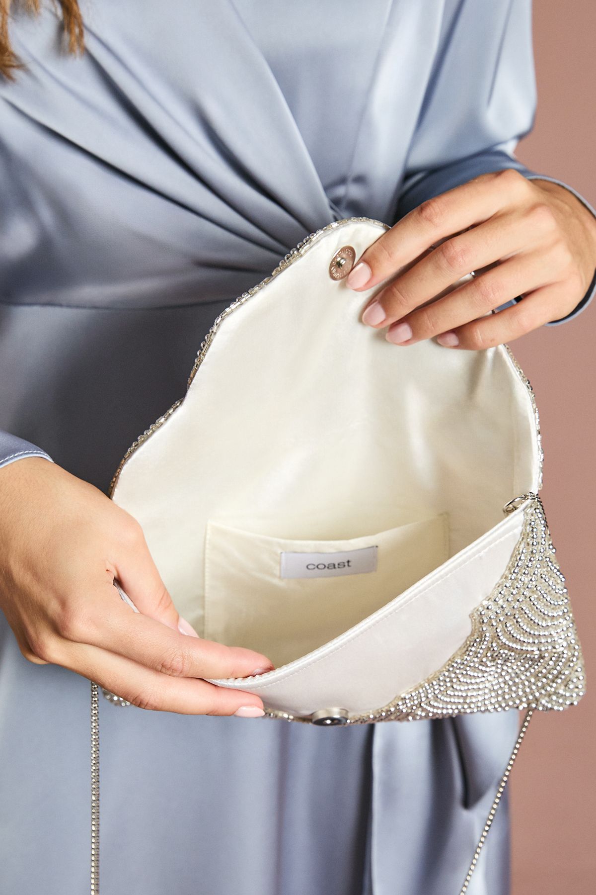 Coast Pearl Beaded Scallop Clutch Bag With Shoulder Strap Silver image 3