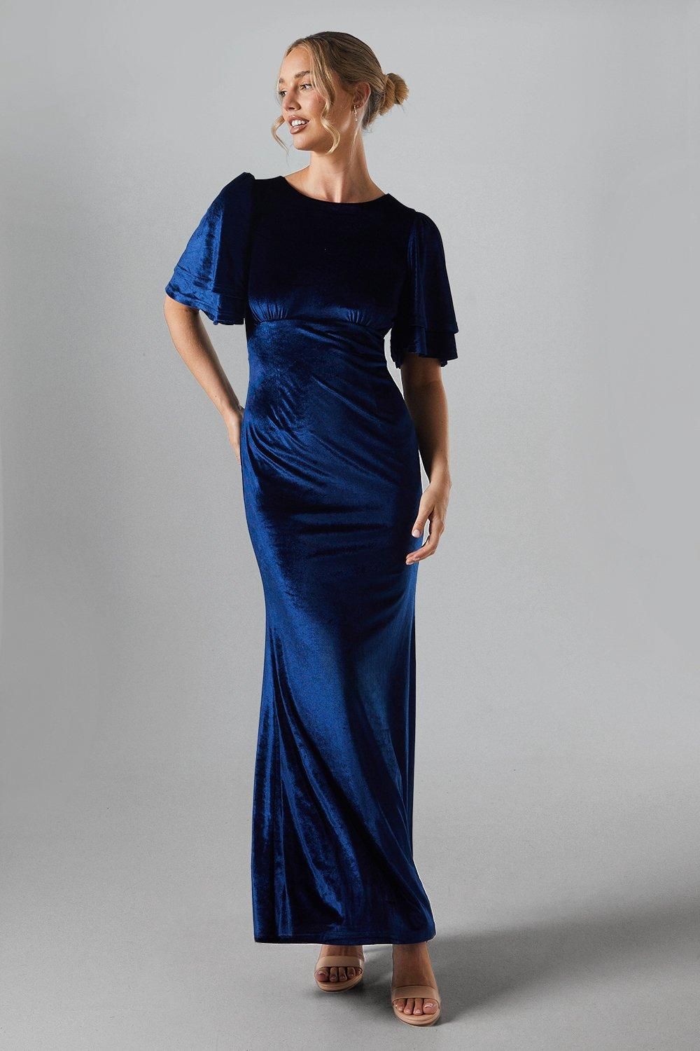 Coast Angel Sleeve Tie Back Velvet Bridesmaid Maxi Dress Navy