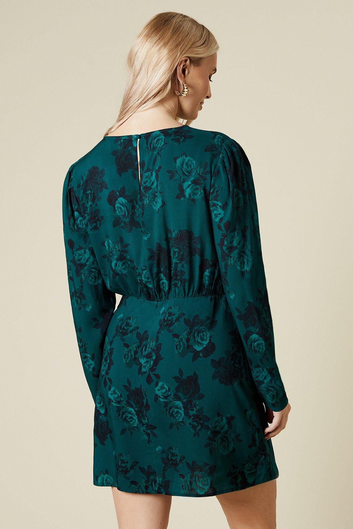 Dorothy Perkins Green Floral Wrap Skirt Long Sleeve Mini Dress Green image 3