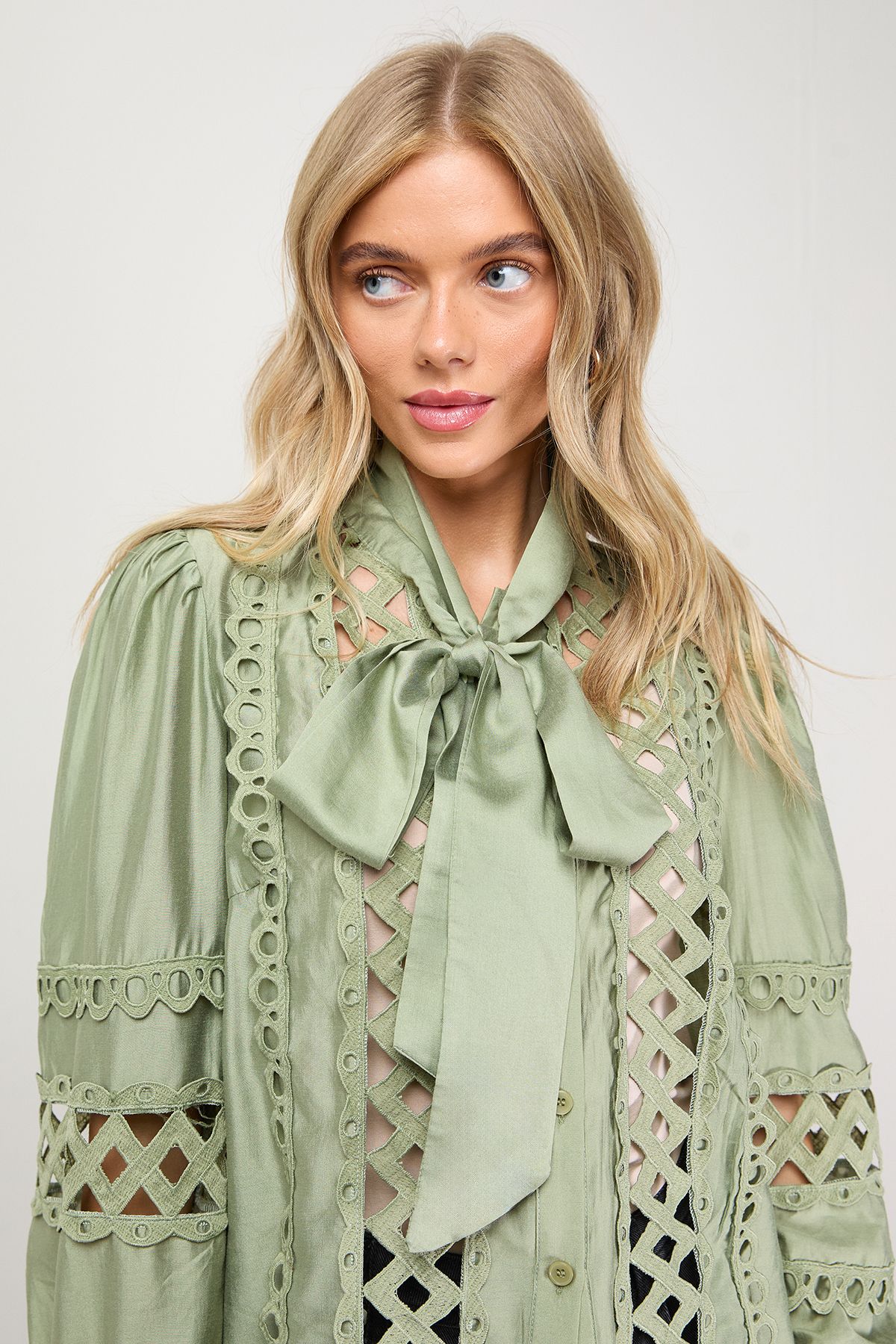 Oasis Cut Out Trim Detail Tie Neck Button Down Blouse Khaki image 2