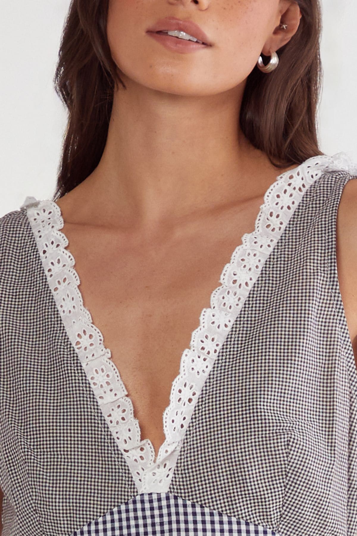 NastyGal Gingham Mix Broderie Ruffle Plunge Mini Dress Mono image 3