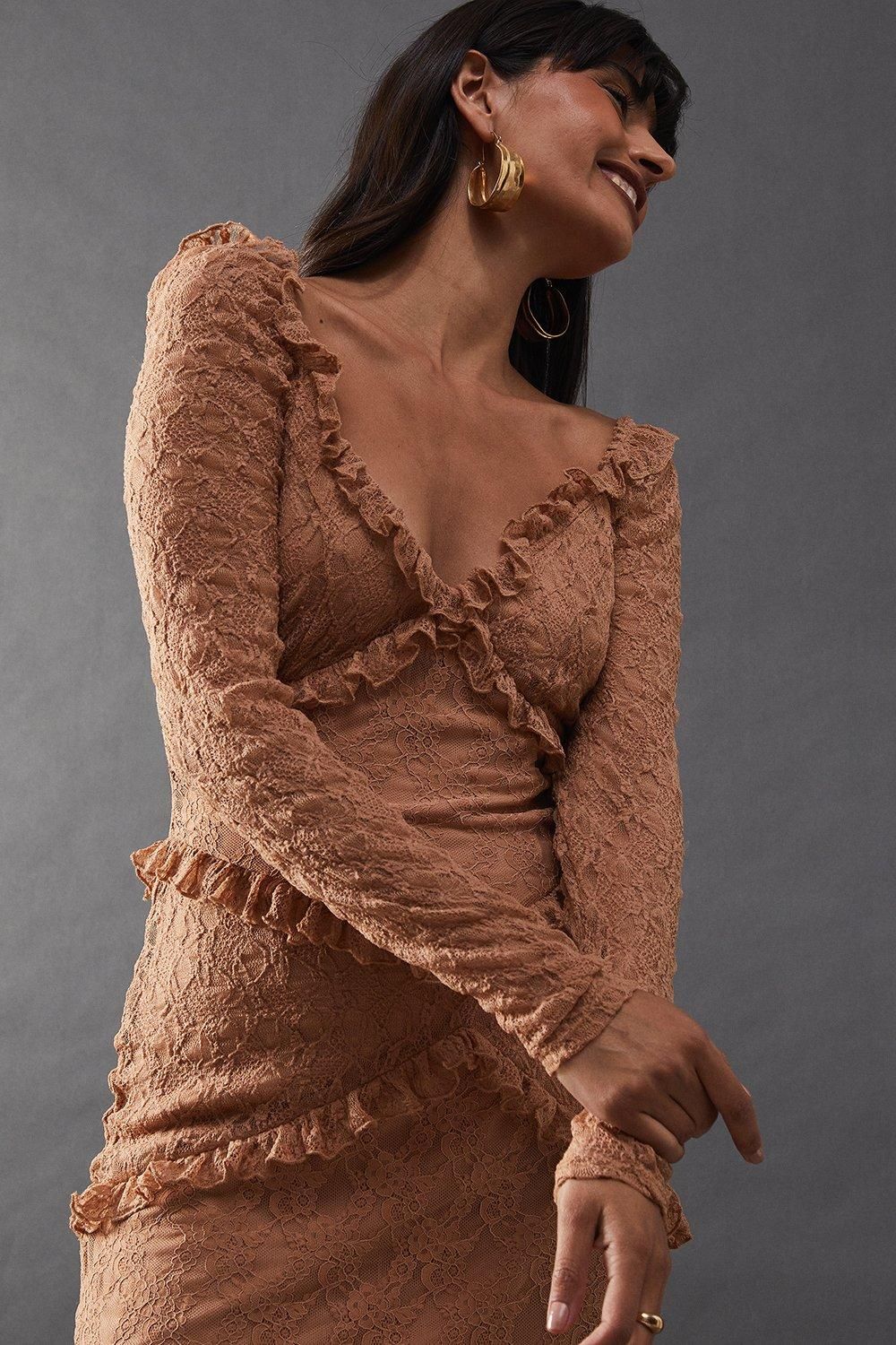 Warehouse Mixed Lace Sweetheart Neck Maxi Dress Taupe image 4