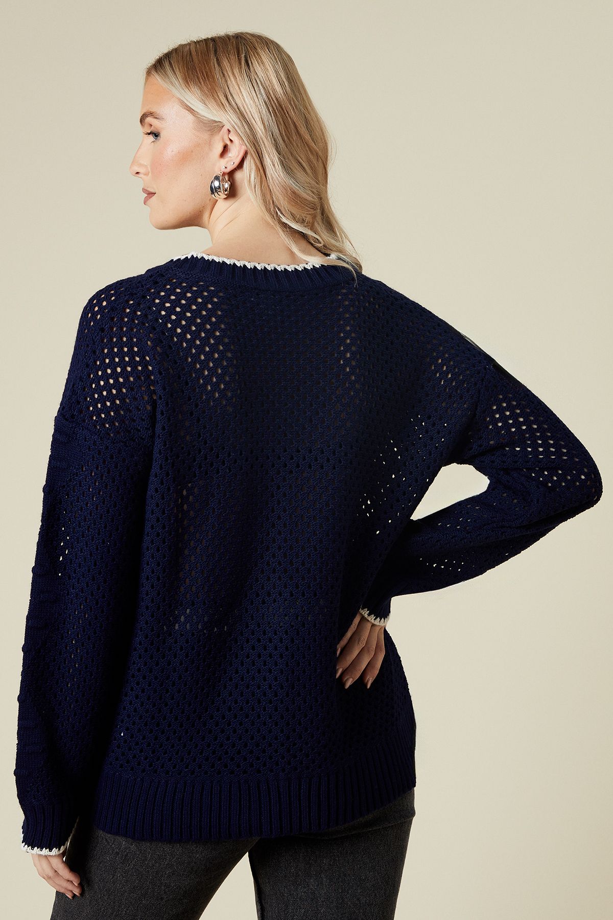 Dorothy Perkins Whipstitch Cable Detail V Neck Jumper Navy image 3