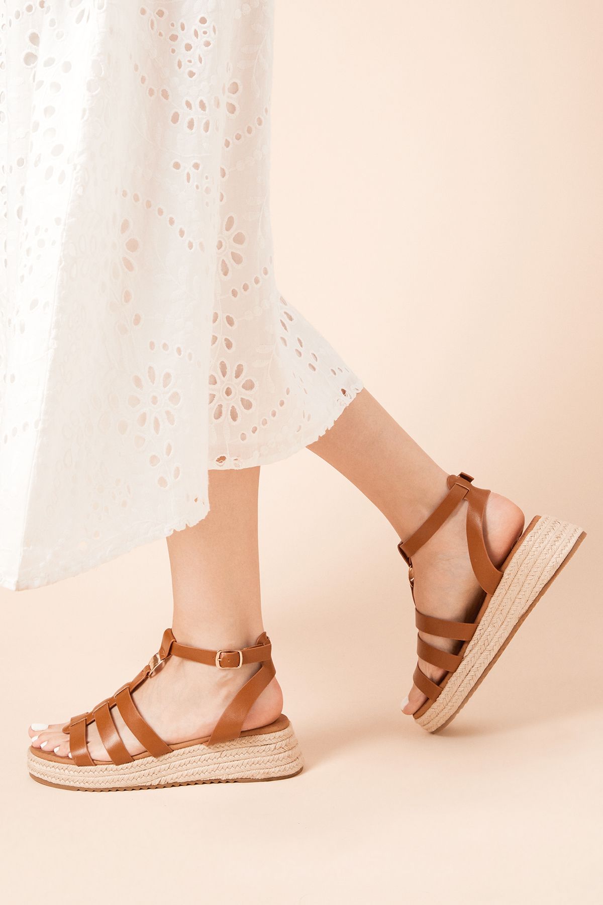 Dorothy Perkins Rover Faux Leather T-bar Espadrille Medium Wedge Sandals Tan image 1