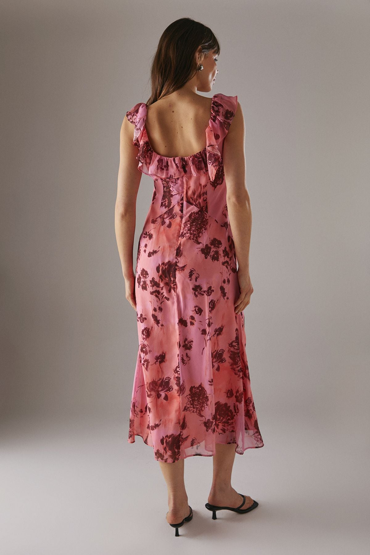 Warehouse Floral Chiffon Ruffle Double layer Midi Dress Pink image 3