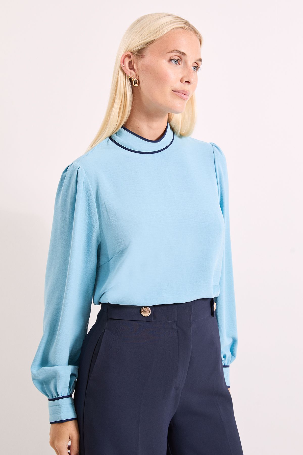 Principles Blue Piping Detail High Neck Blouson Sleeve Blouse Blue image 1