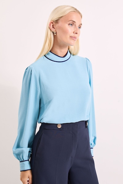 Principles Blue Piping Detail High Neck Blouson Sleeve Blouse Blue