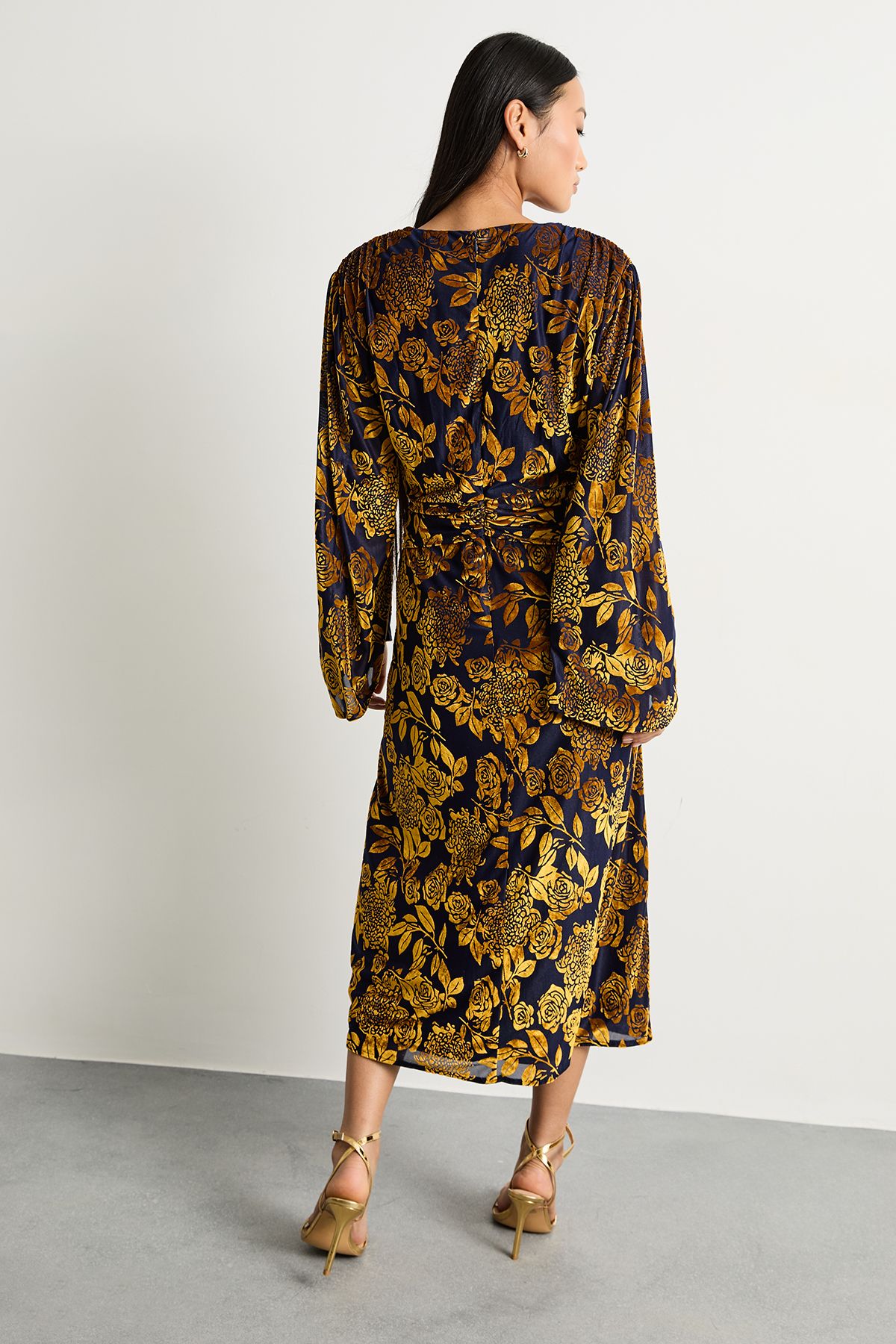 Warehouse Petite Devore Plunge Neck Knot Waist Balloon Sleeve Midi Dress Navy image 3