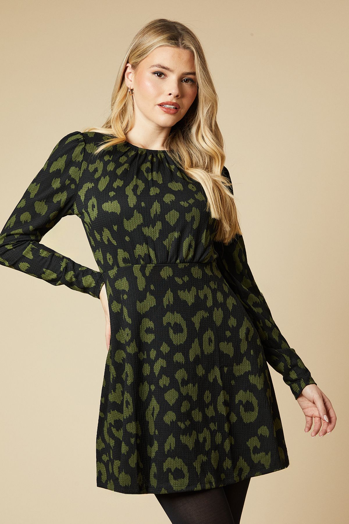 Dorothy Perkins Puff Sleeve Fit And Flare Mini Dress Khaki image 4