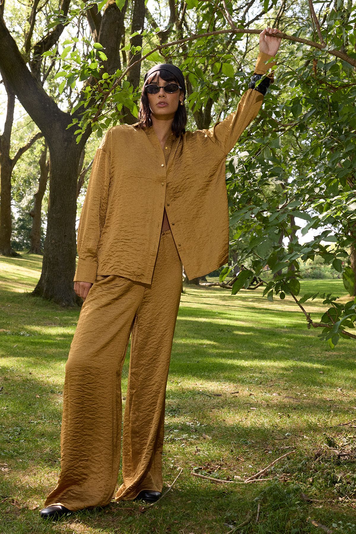 Warehouse Hammered Satin Oversized Shirt Gold image 1