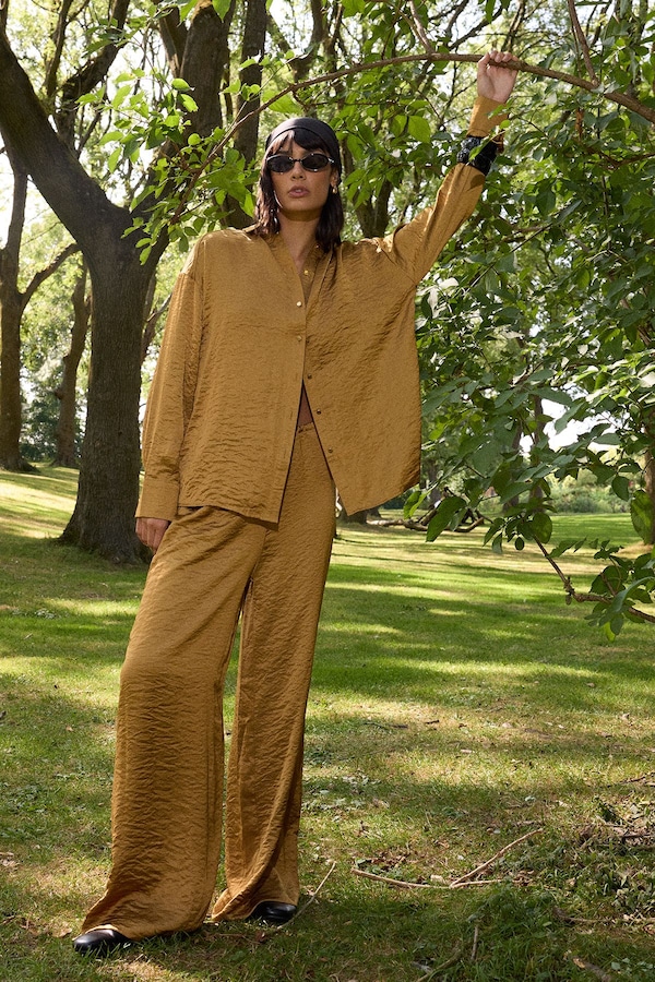 Warehouse Hammered Satin Oversized Shirt Gold