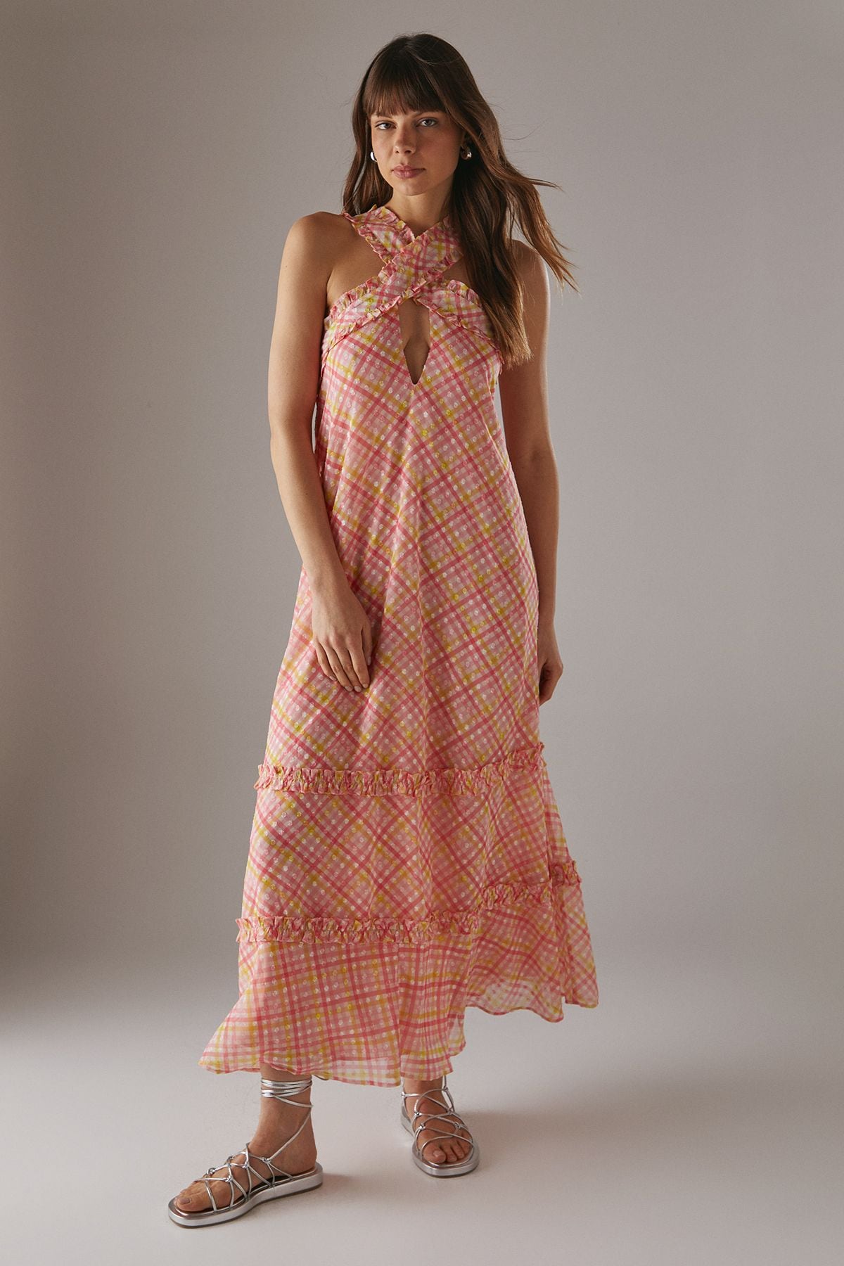 Warehouse Dobby Chiffon Frill Halter Tier Ruffle Maxi Dress Multi image 1