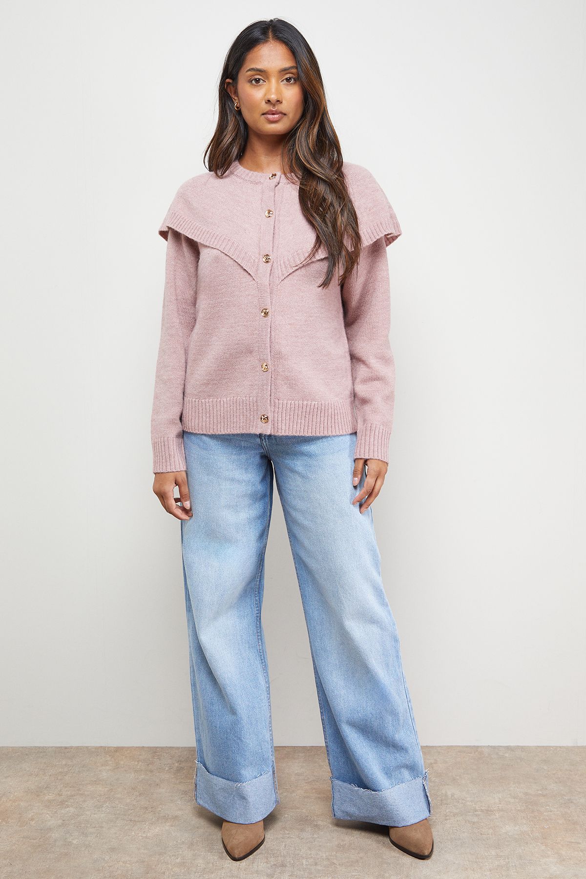 Oasis Cape Detail Button Down Crew Neck Cardigan Desert Rose image 2