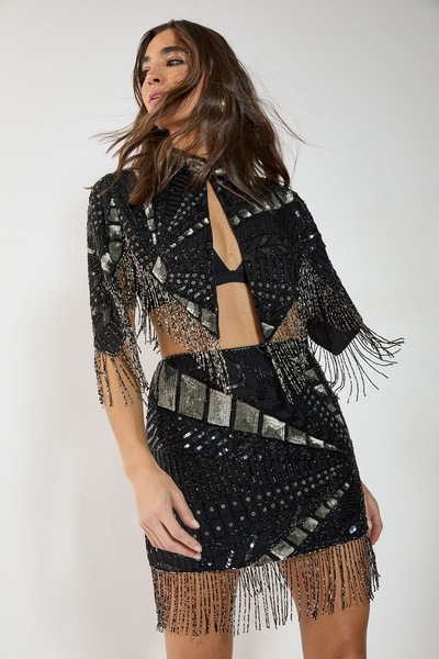 NastyGal Hand Embellished Panelled Tassel Sequin Mini Skirt Black