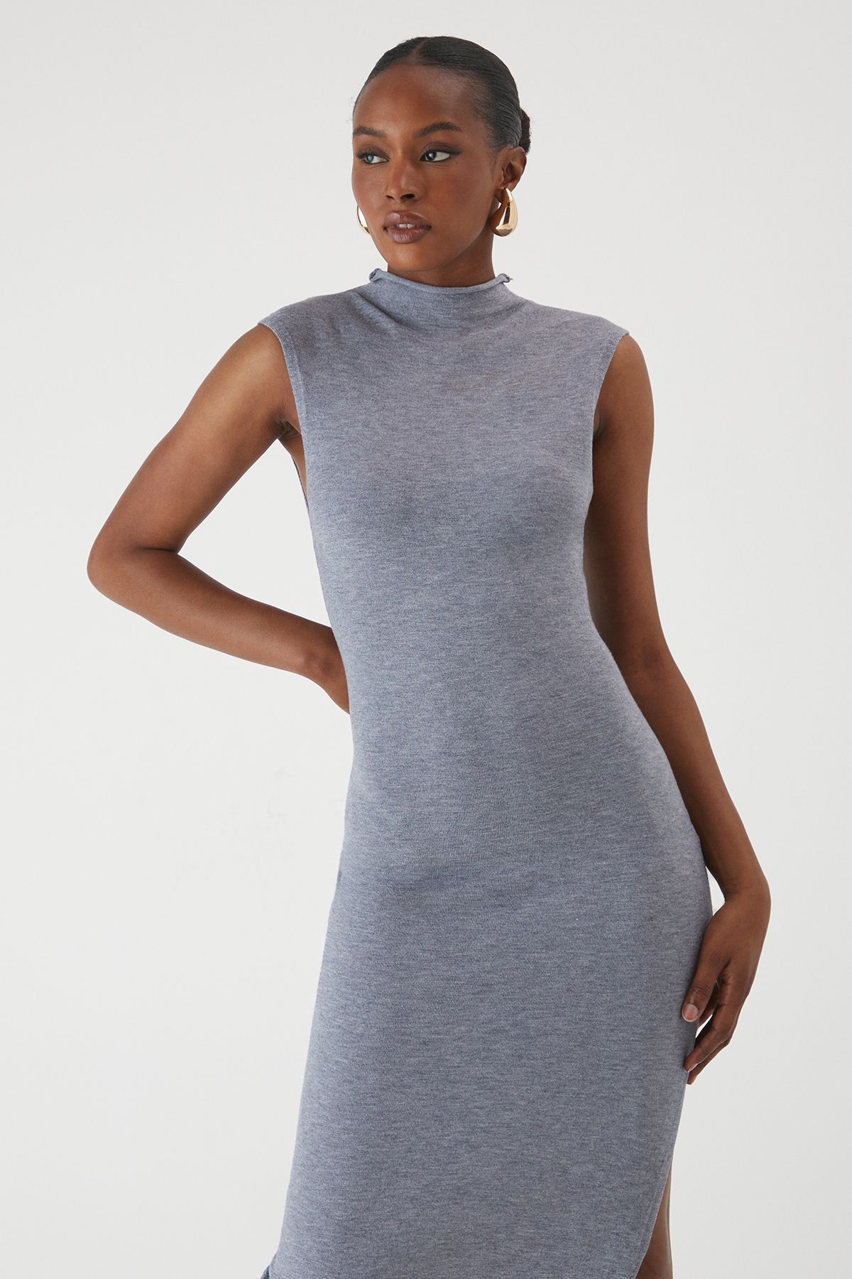 MissPap Soft Knit Grown On Neck Sleeveless Split Leg Maxi Dress Grey image 2