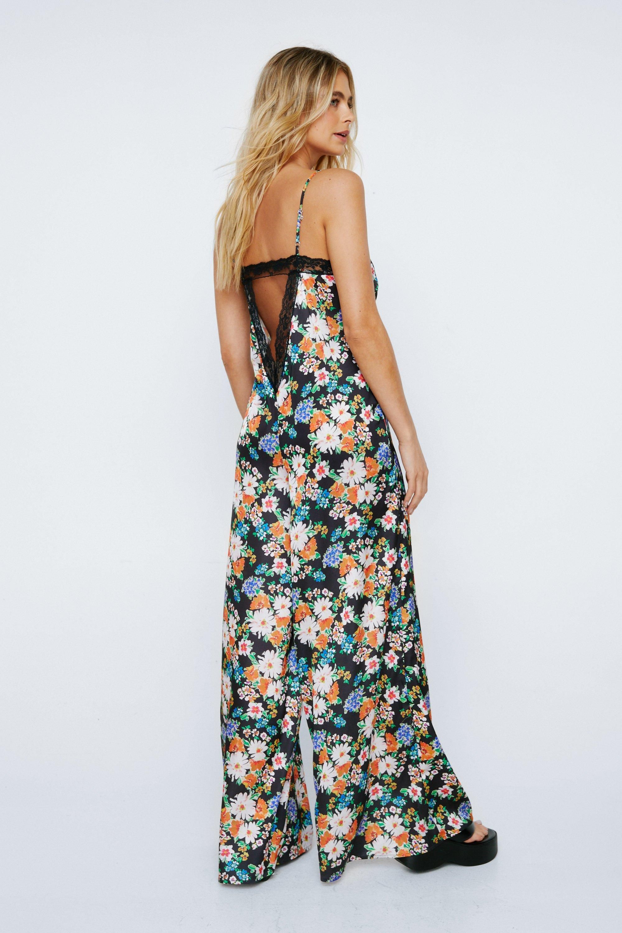 NastyGal Floral Satin Lace Trim Jumpsuit Black image 4