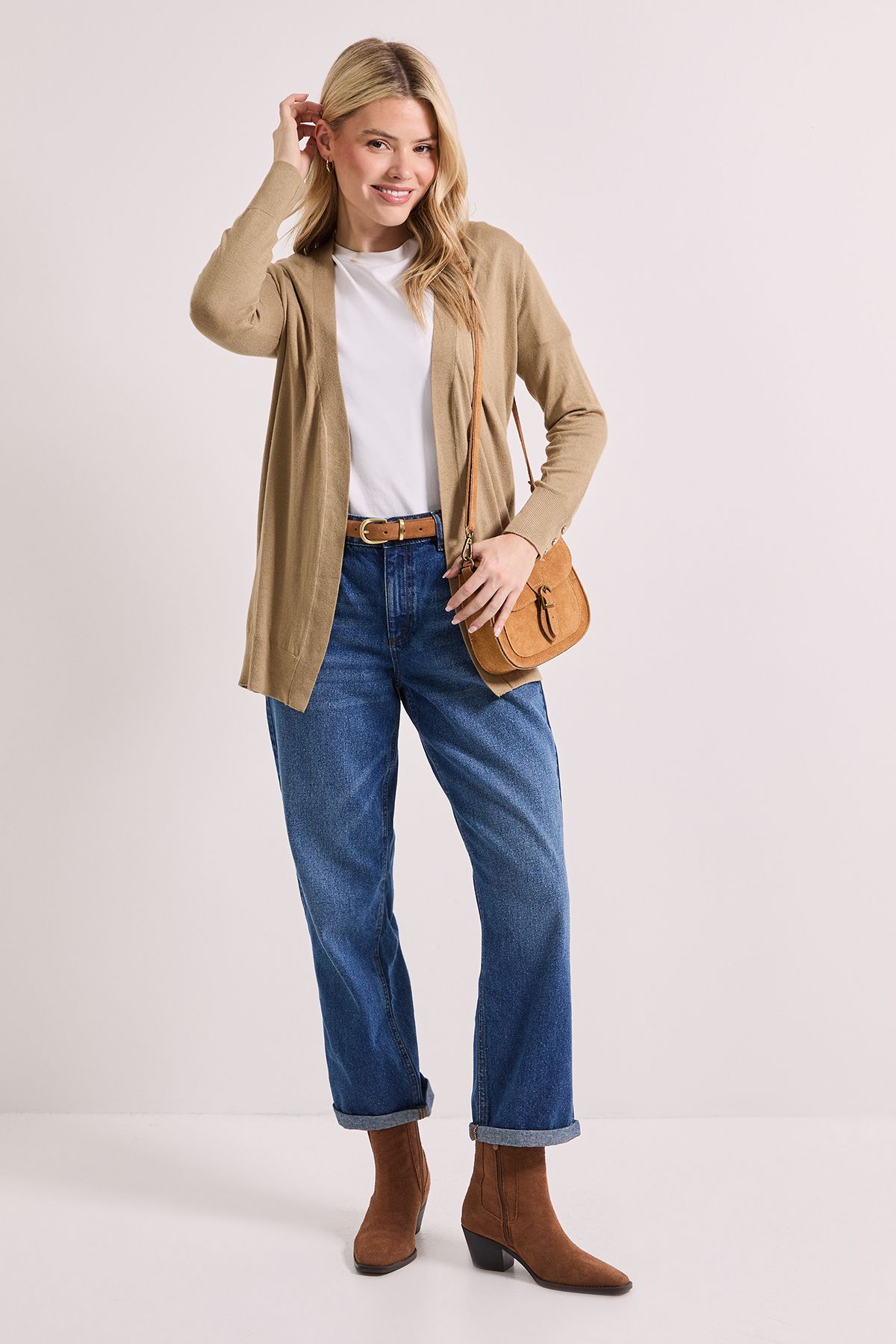 Dorothy Perkins Petite Camel Longline Button Cuff Cardigan Camel image 2