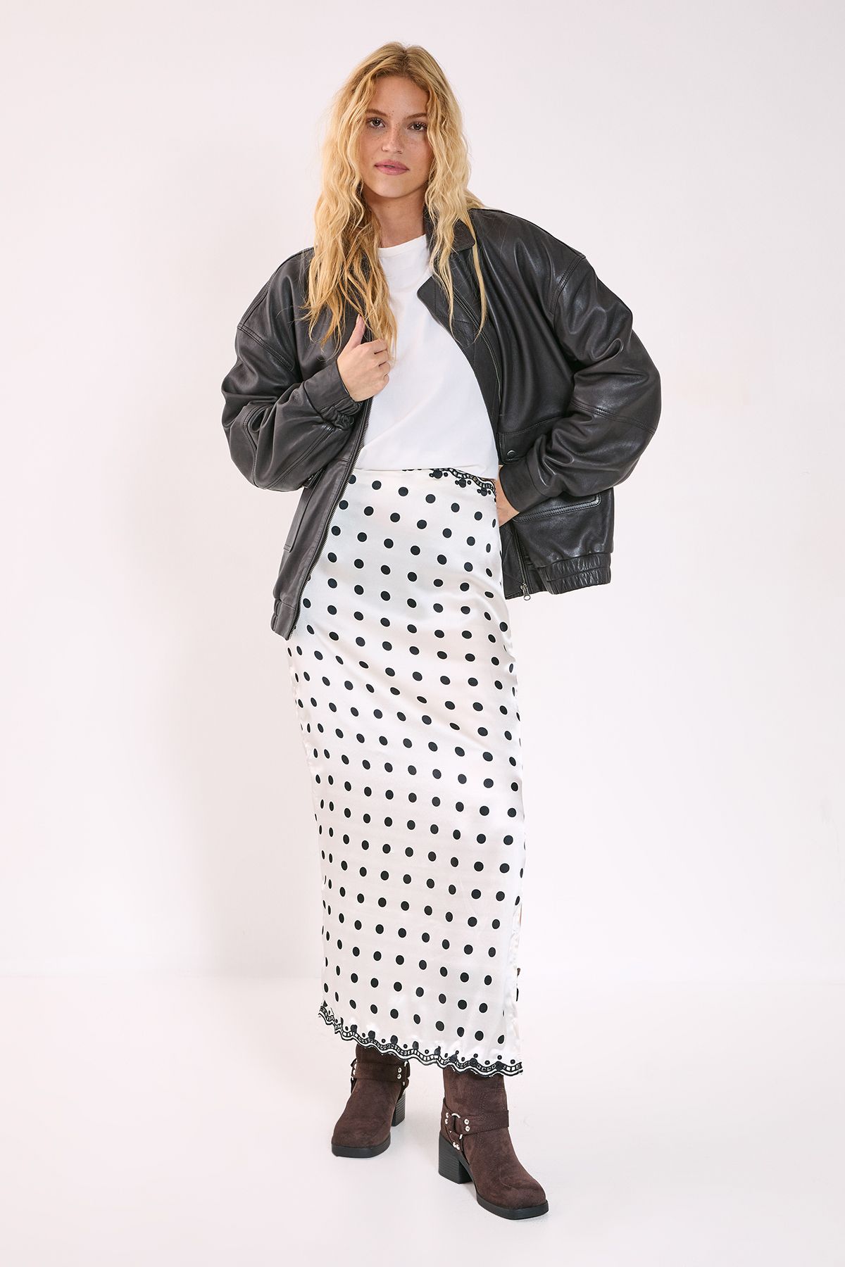 NastyGal Ecru Satin Polka Dot Embroidered Split Maxi Skirt PLT