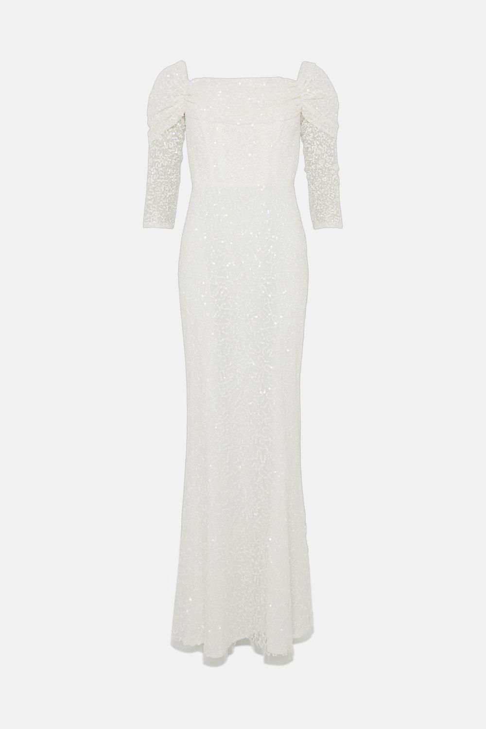 Coast Coast Honoured Sequin Draped Bardot Long Sleeve Maxi Wedding Dress Ivory image 4