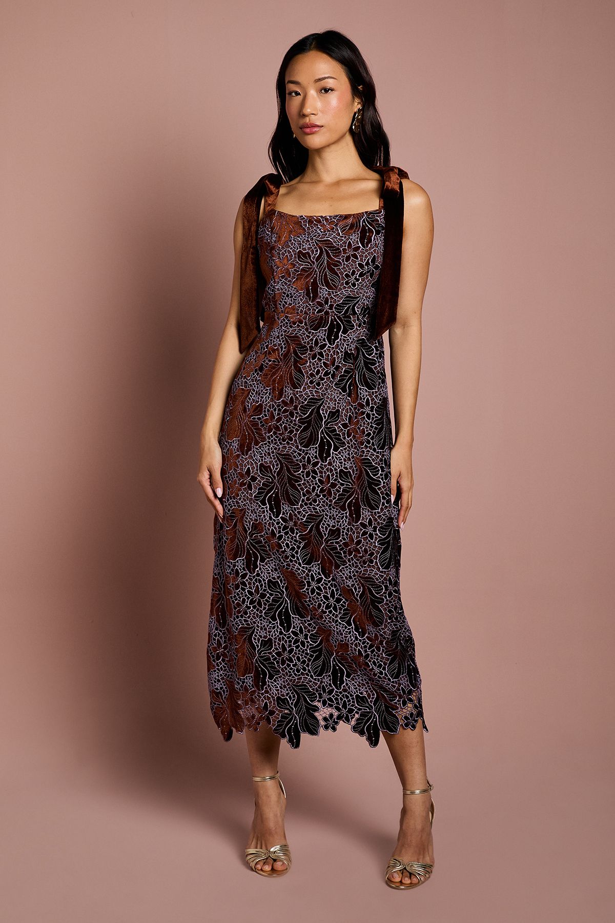 Coast Cut Out Velvet Lace Tie Shoulder Column Midi Dress Toffee