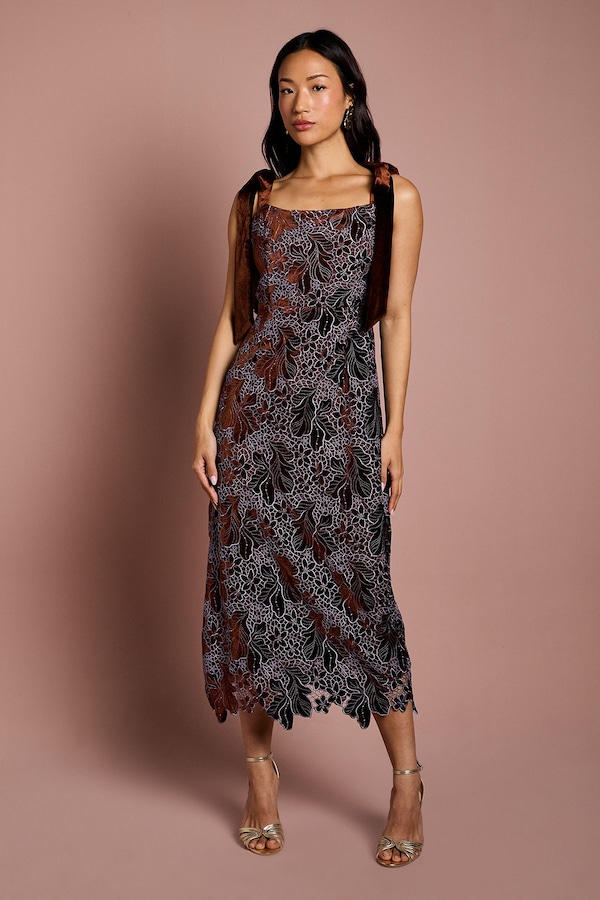 Coast Cut Out Velvet Lace Tie Shoulder Column Midi Dress Toffee