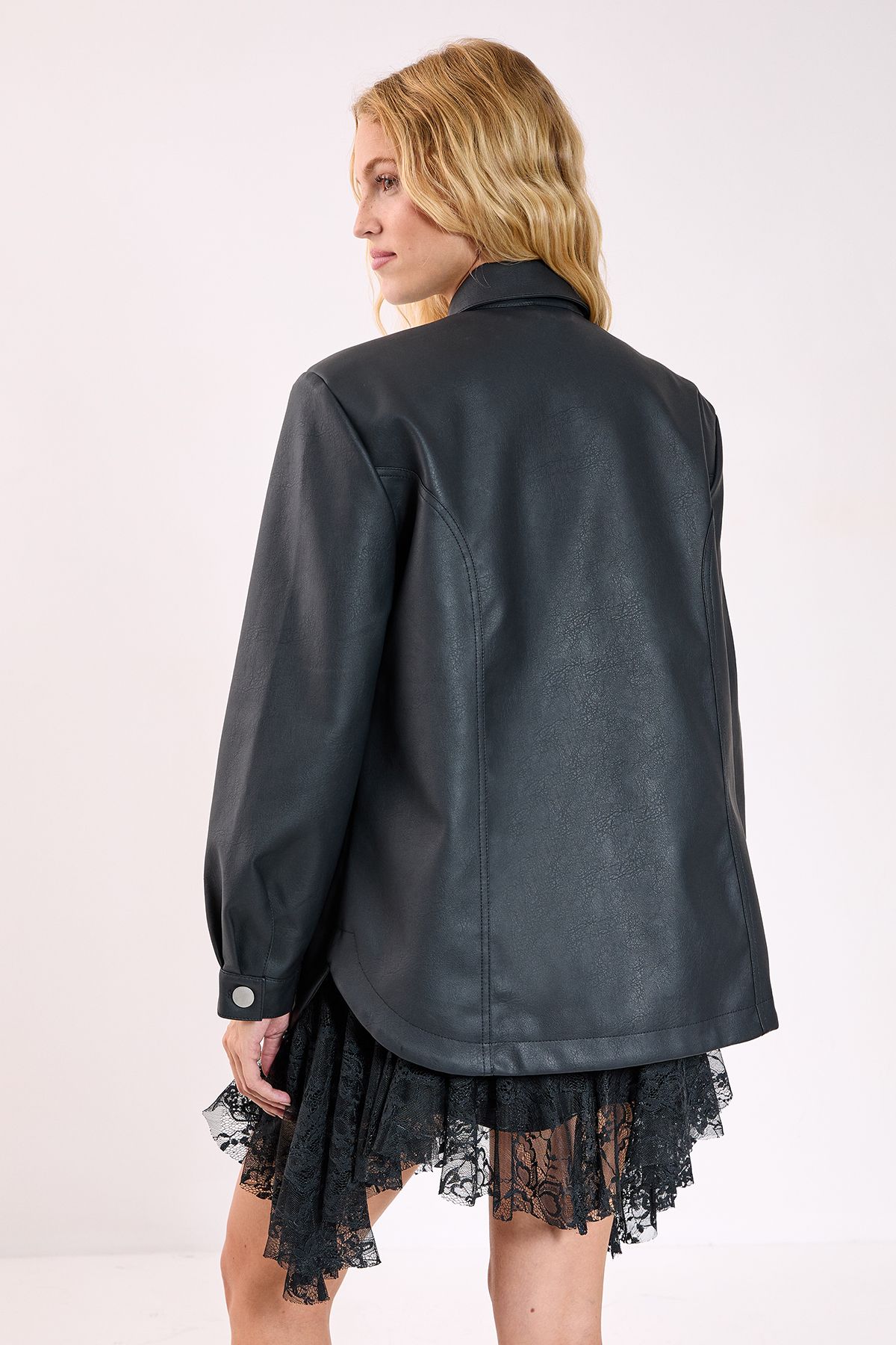 NastyGal Western Faux Leather Shoulder Pad Shirt Black image 3