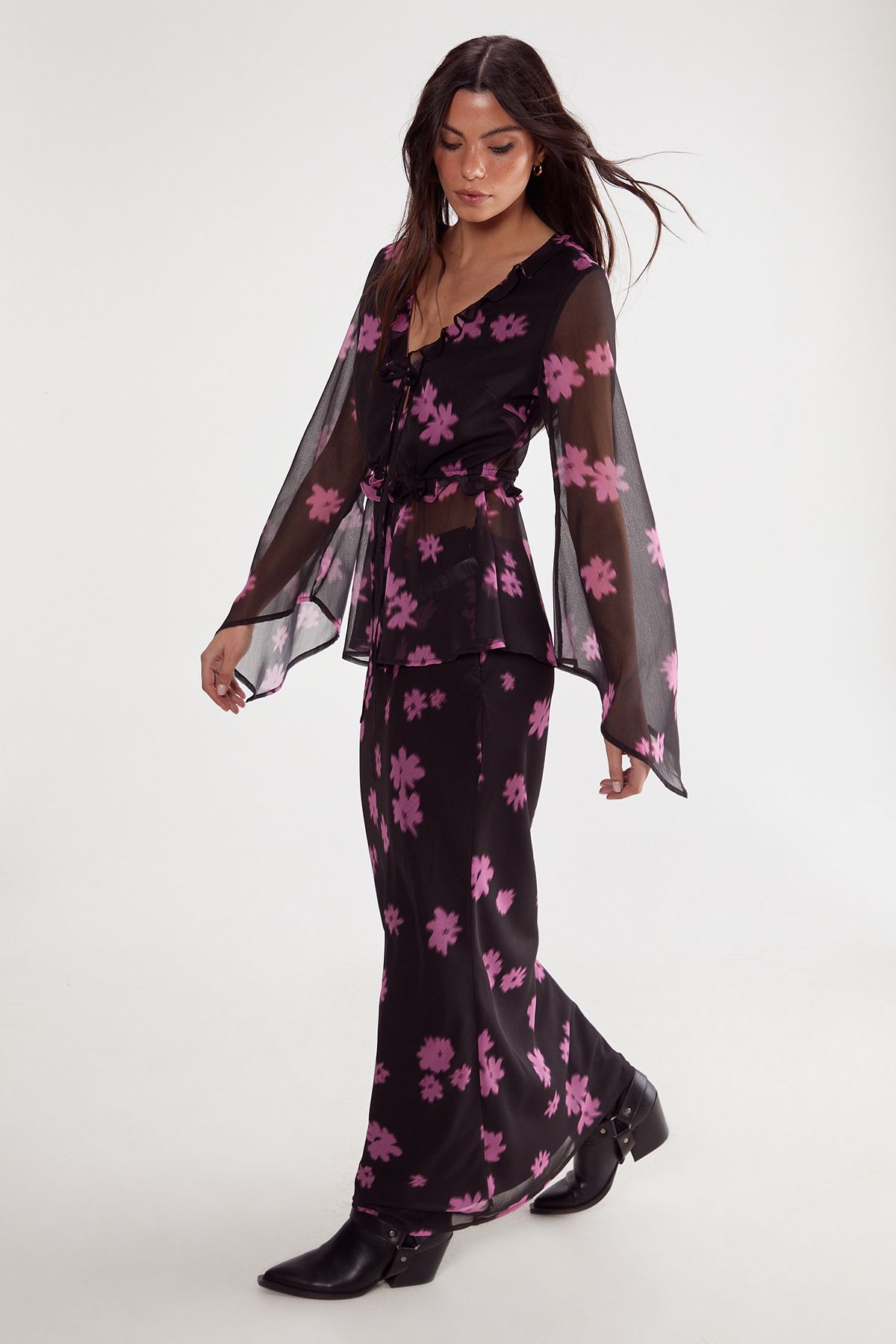 NastyGal Ditsy Floral Chiffon Maxi Skirt Black image 1