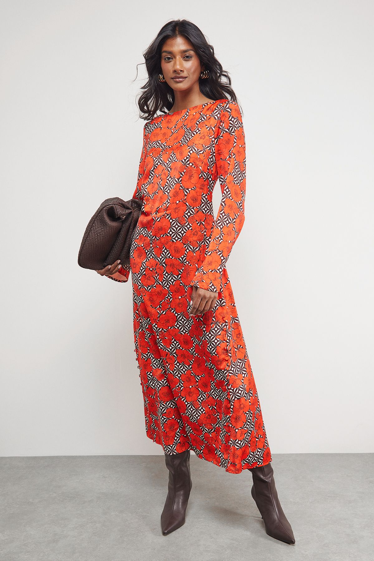 Warehouse Floral Crinkle Satin Bias Button Side Midi Dress Orange image 1