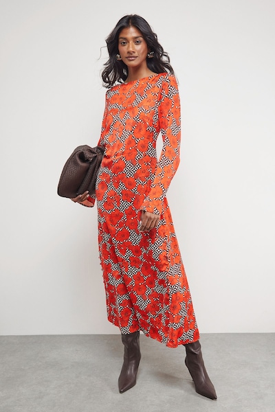 Warehouse Floral Crinkle Satin Bias Button Side Midi Dress Orange