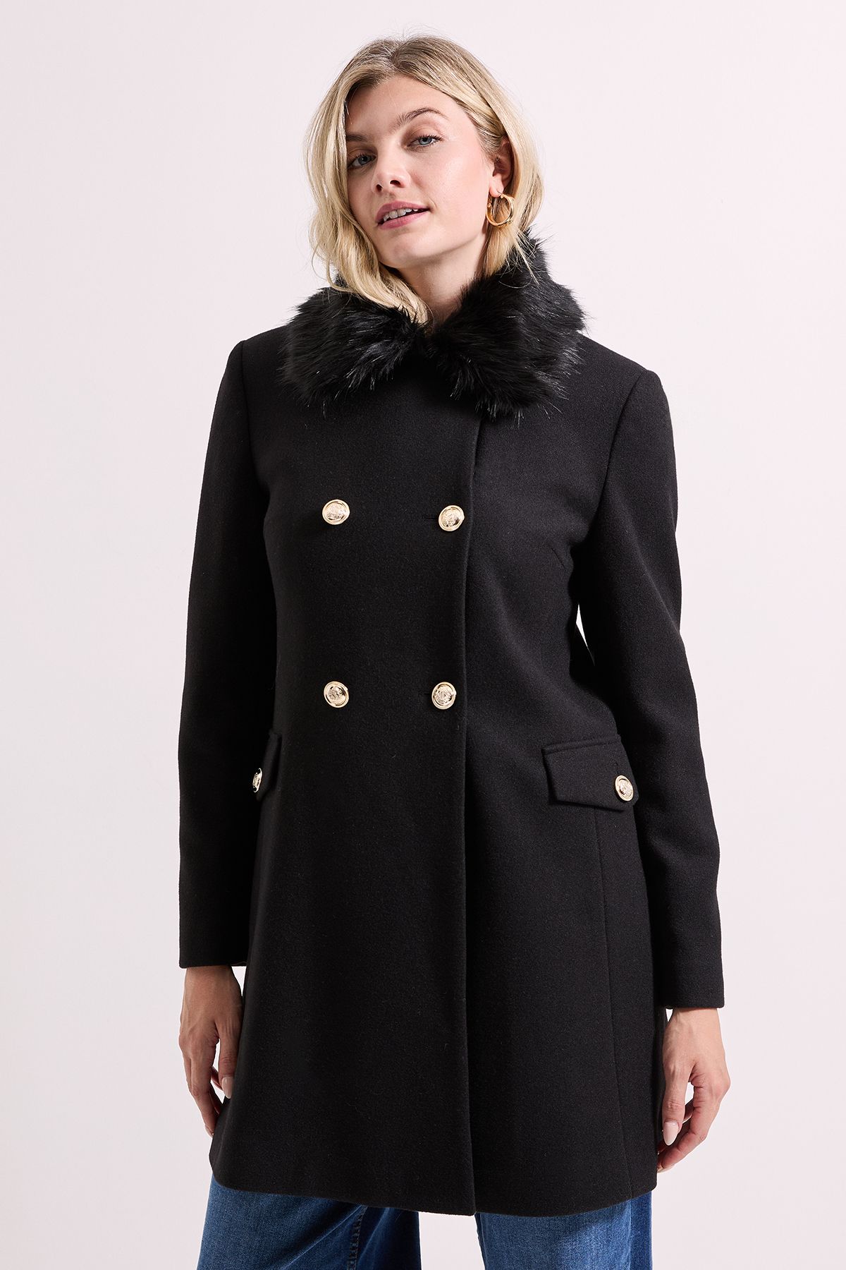 Dorothy Perkins Faux Fur Collar Dolly Coat Black image 2