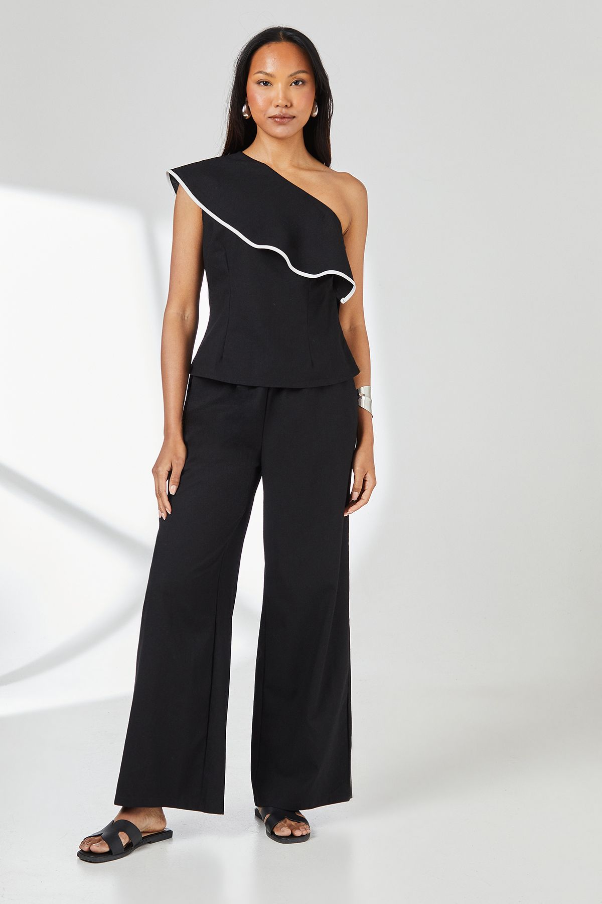 Principles Black Contrast Detail One Shoulder Frill Linen Top Black image 2