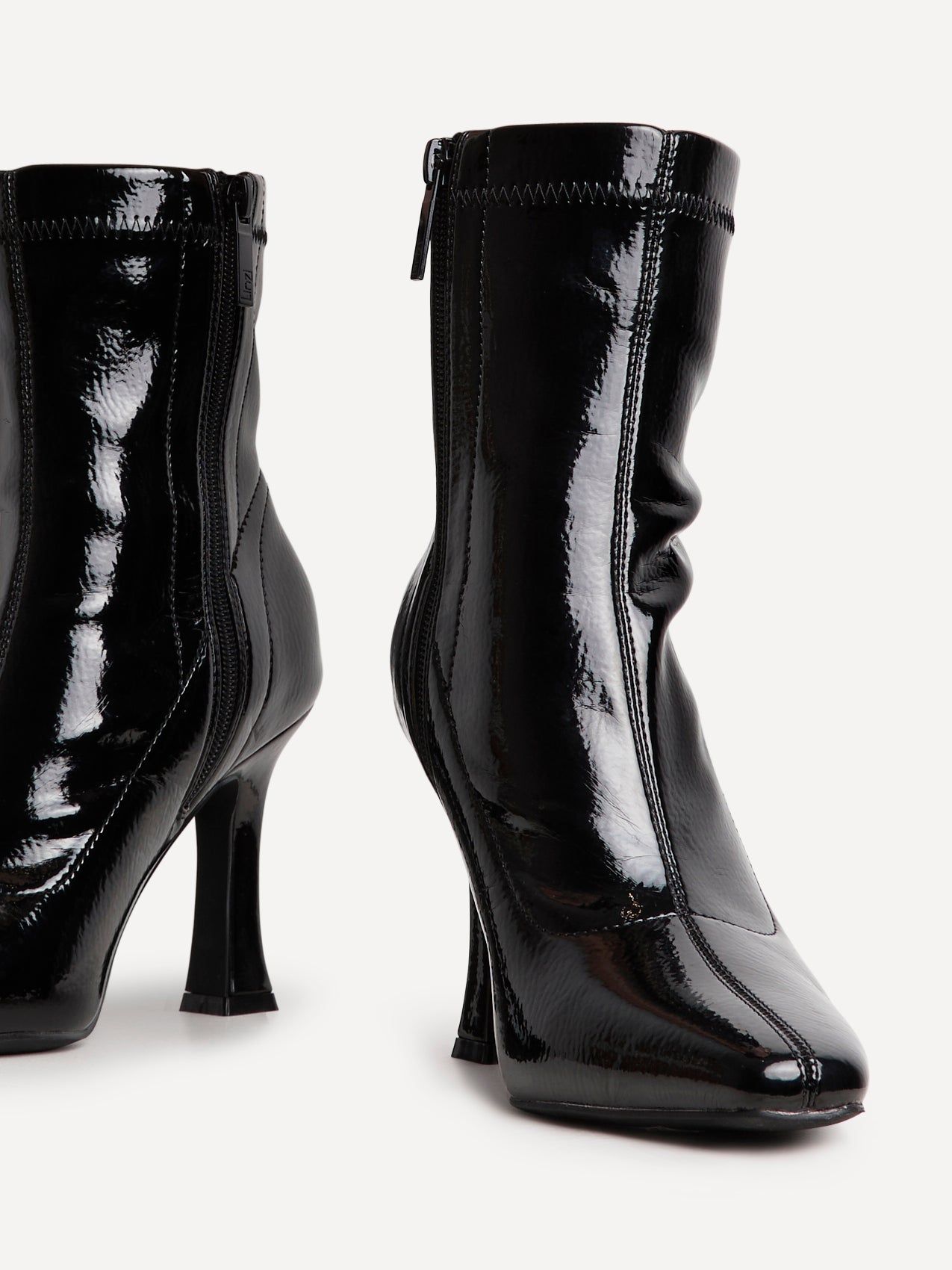 Linzi Lovato Black Faux Patent Leather Square Toe Heeled Sock Boot image 4