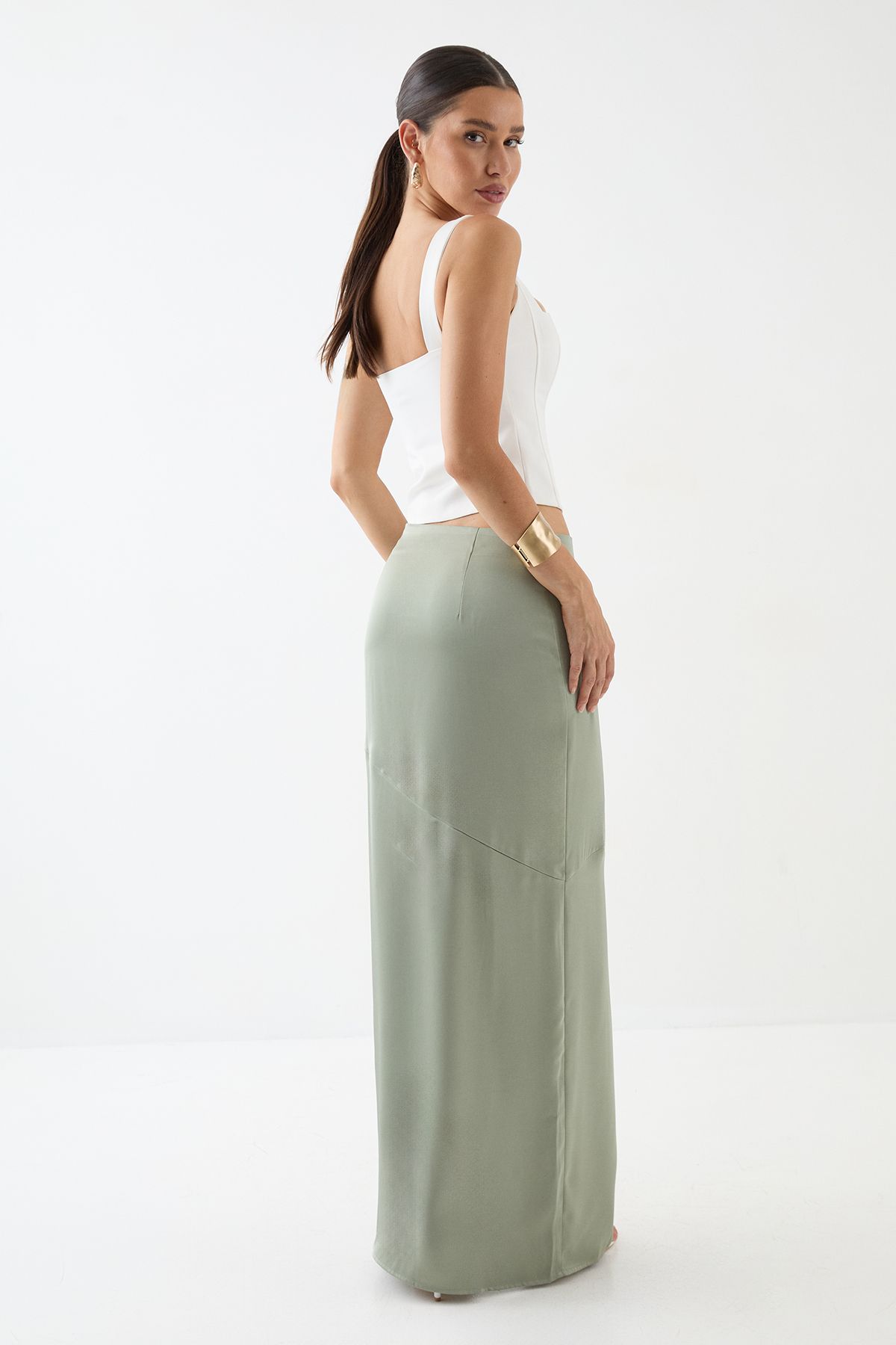 MissPap Satin High Waist Maxi Skirt Olive image 3